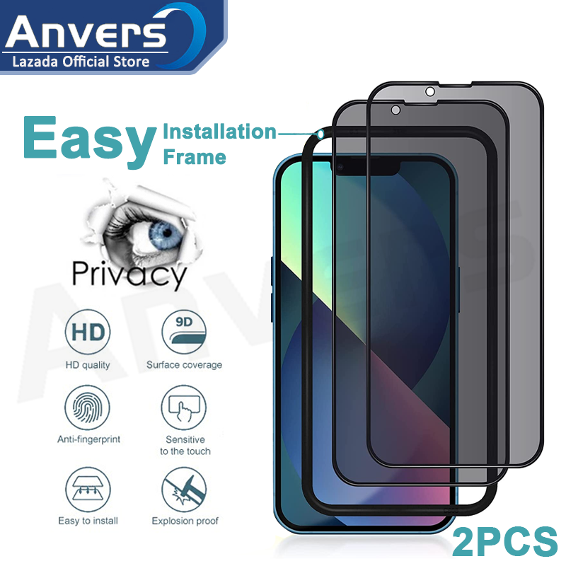 [2 PCS] [Full Coverage] Anvers Privacy Screen Protector for iPhone 13 /12 /11/XS Pro Max Mini Series, Anti-Spy Tempered Glass Film with Easy Installation Frame