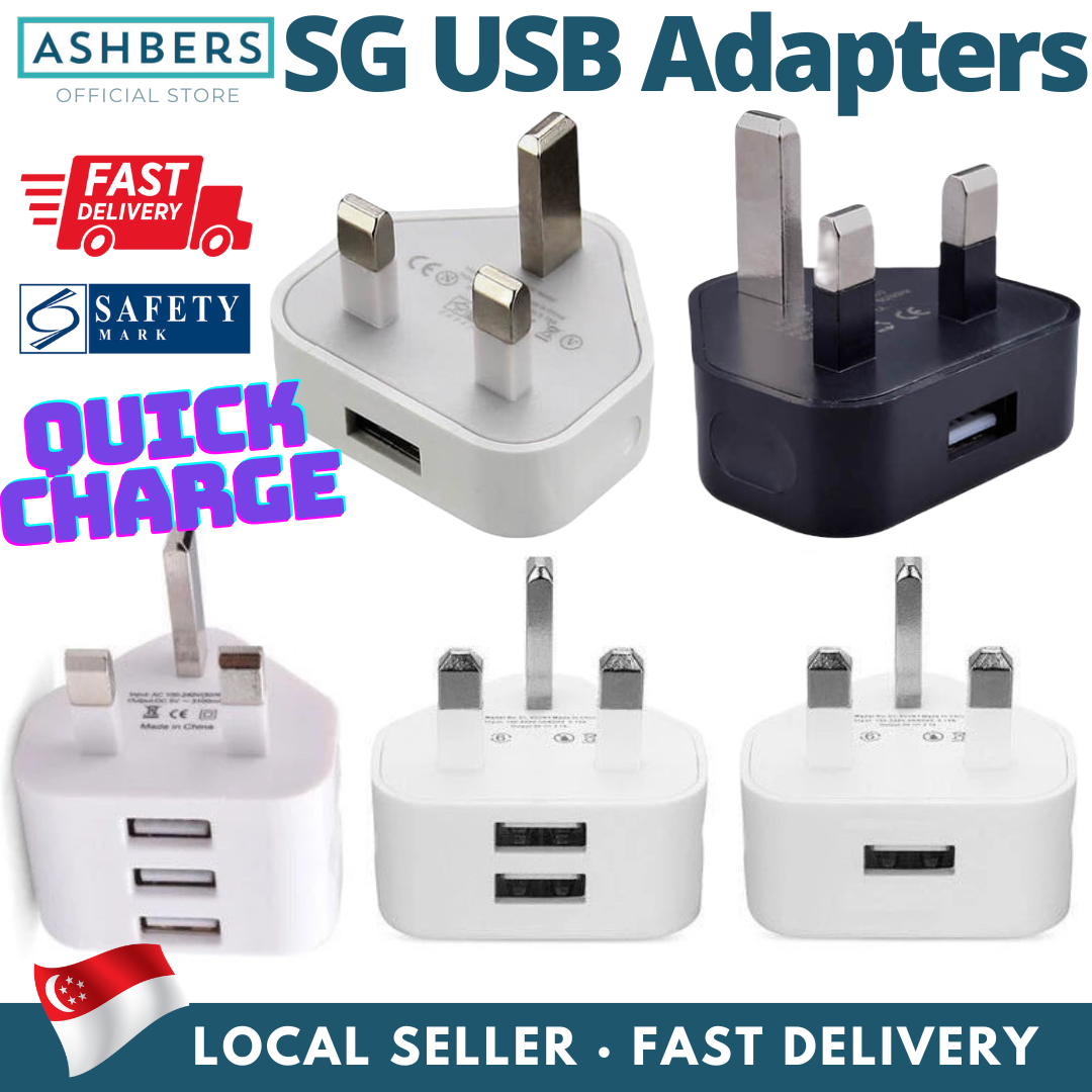 Multi-Port USB Charger Adapter Singapore 3-Pin Plug, High Speed 5V 2.1A. Suitable for charging iPhone, Samsung, Android
