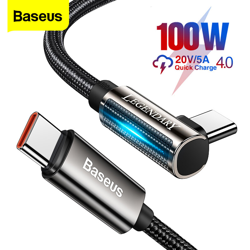 Baseus 1m/2m 100W LED 90 Degree USB C To USB Type C Cable USBC PD Fast Charging For Xiaomi mi 10 Pro Samsung S20 Macbook iPad Data Cable