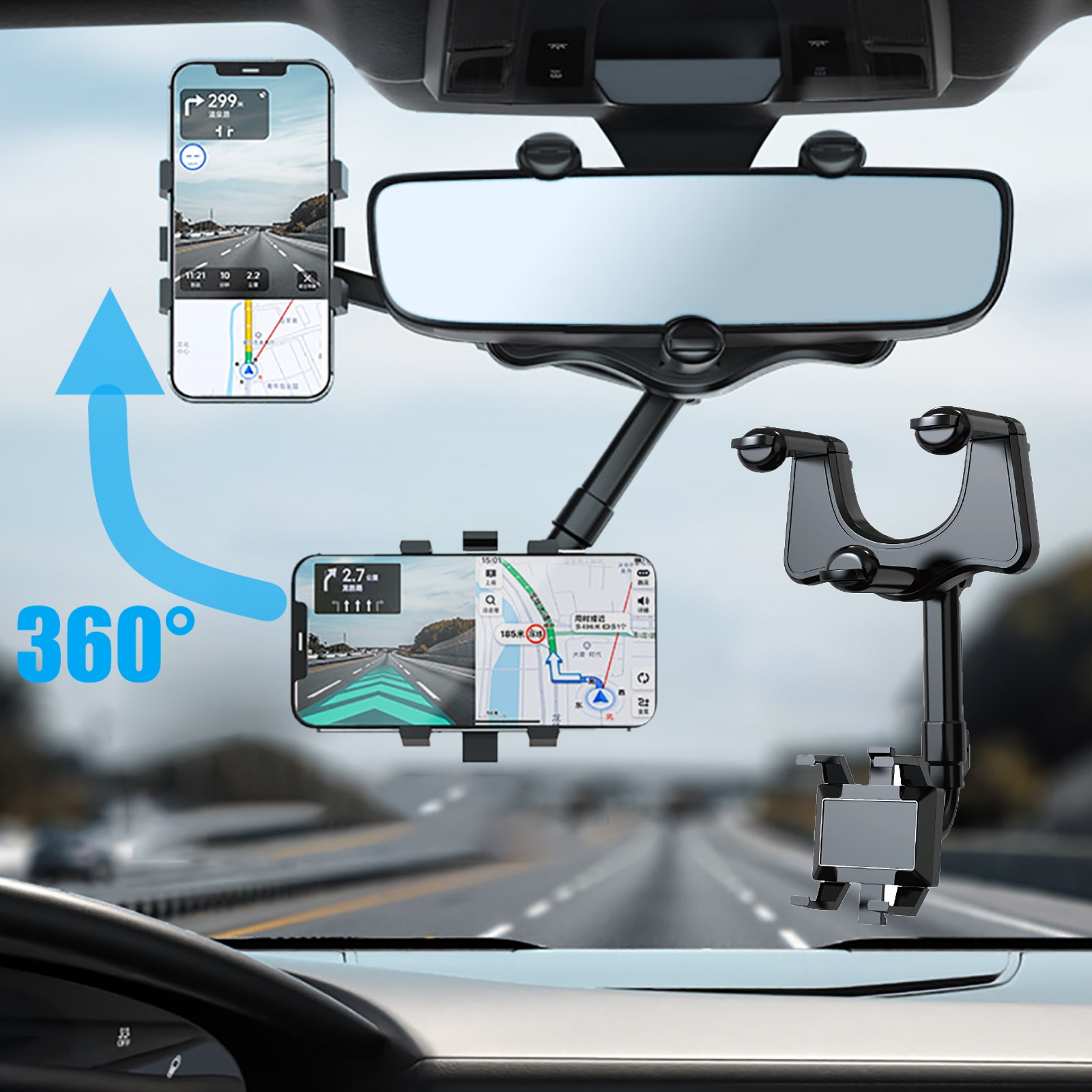 Universal 360 Rotatable Car Phone Holder Rearview Mirror Mount Stand GPS Cell Phone Stand Rear View Mirror Phone Holder Bracket 新款车载手机支架汽车后视镜支架AR导航车载多功能360°旋转