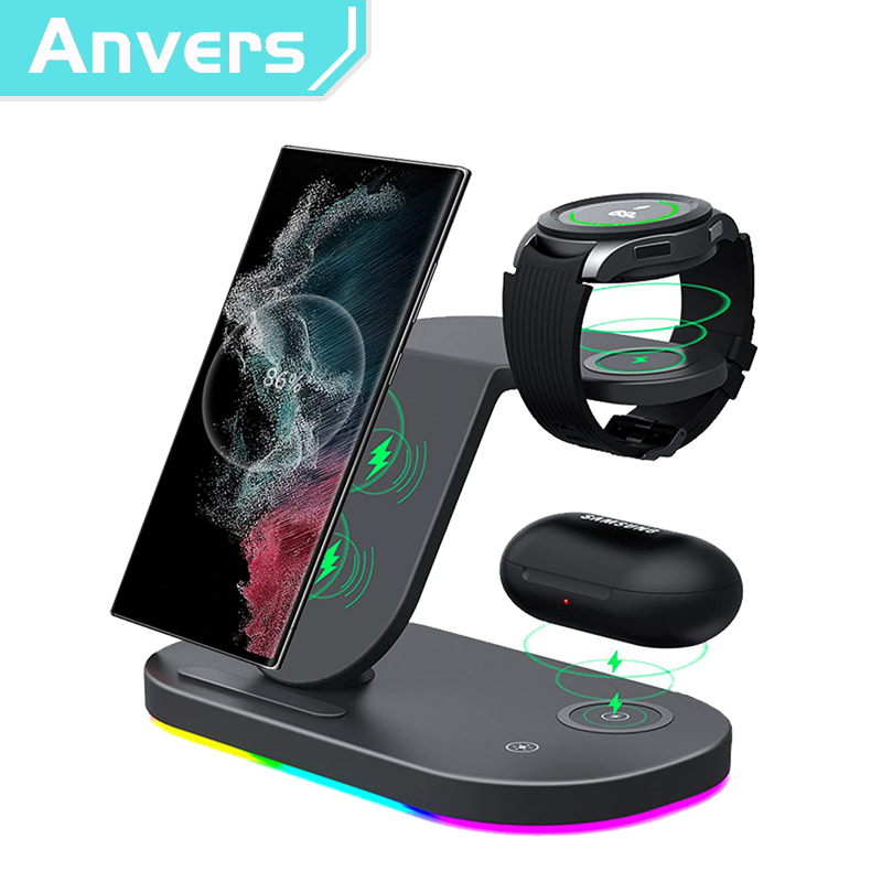 ANVERS 3 in 1 Wireless Charger for Samsung Devices,RGB charging indicator, Android 15W Wireless Fast Charging Station for Samsung Galaxy S22/S22+/S22 Ultra/S21/S20/S10/Note20/Note10, Galaxy Watch 5/4/