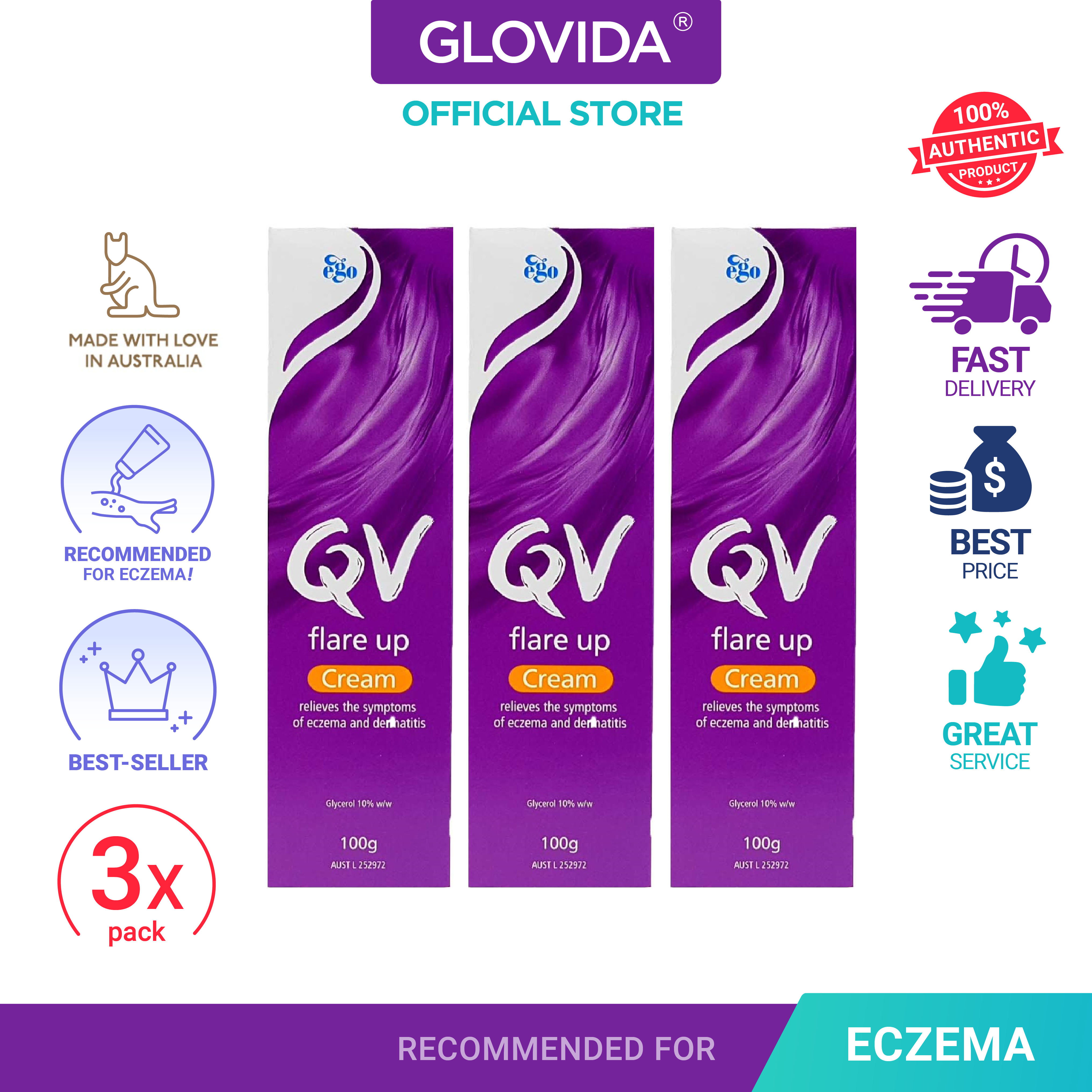 [3-PACK] Ego QV Flare Up Cream 100g, Exp: Mar-2027 [Direct from Australia]