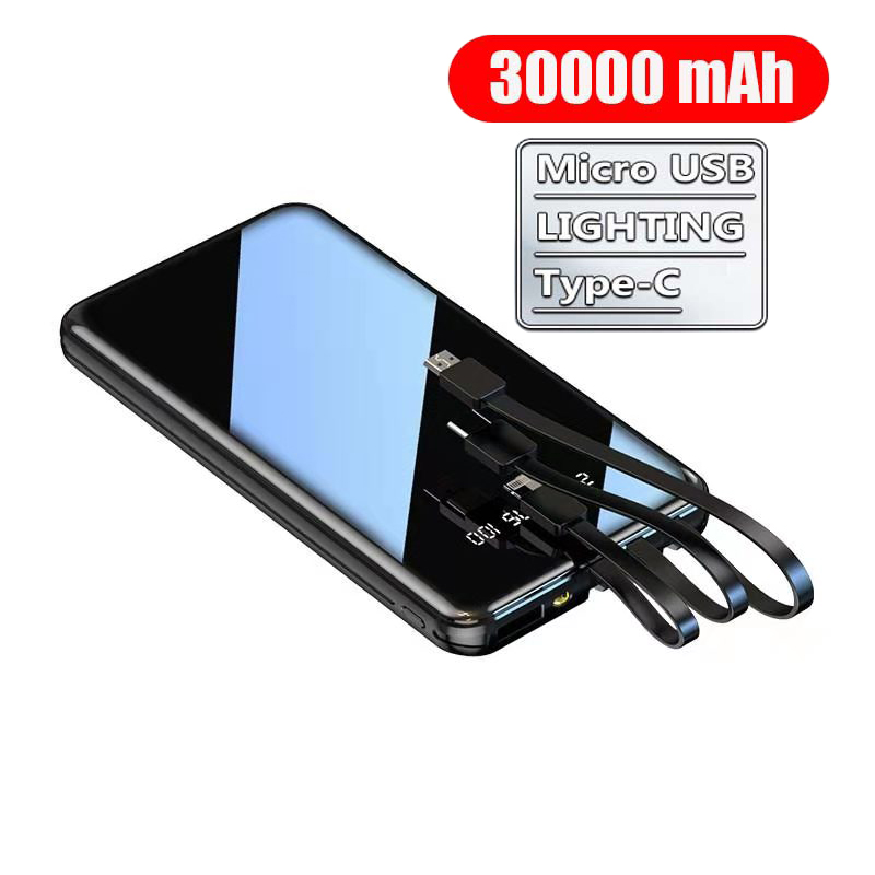 SG Ready Stock 30000mAh Mini Power Bank  Dual USB  Portable Fast Charging Digital Display Full Screen Built-in 3 Cables Powerbank External Battery