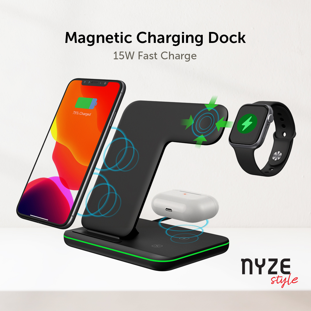 [NYZE] 3-in-1 Wireless Charging Dock Designed for Apple iPhone, Apple Watch and Apple AirPods and Other Qi Phones / TWS