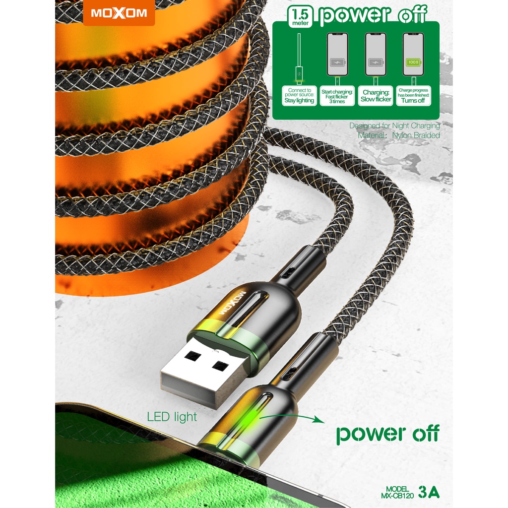 MOXOM 1.5M Auto-Off 3A Led Usb Data fast Charging Charge Cable compatible with  iP 13 12 Pro max Mini  Type C Micro USB