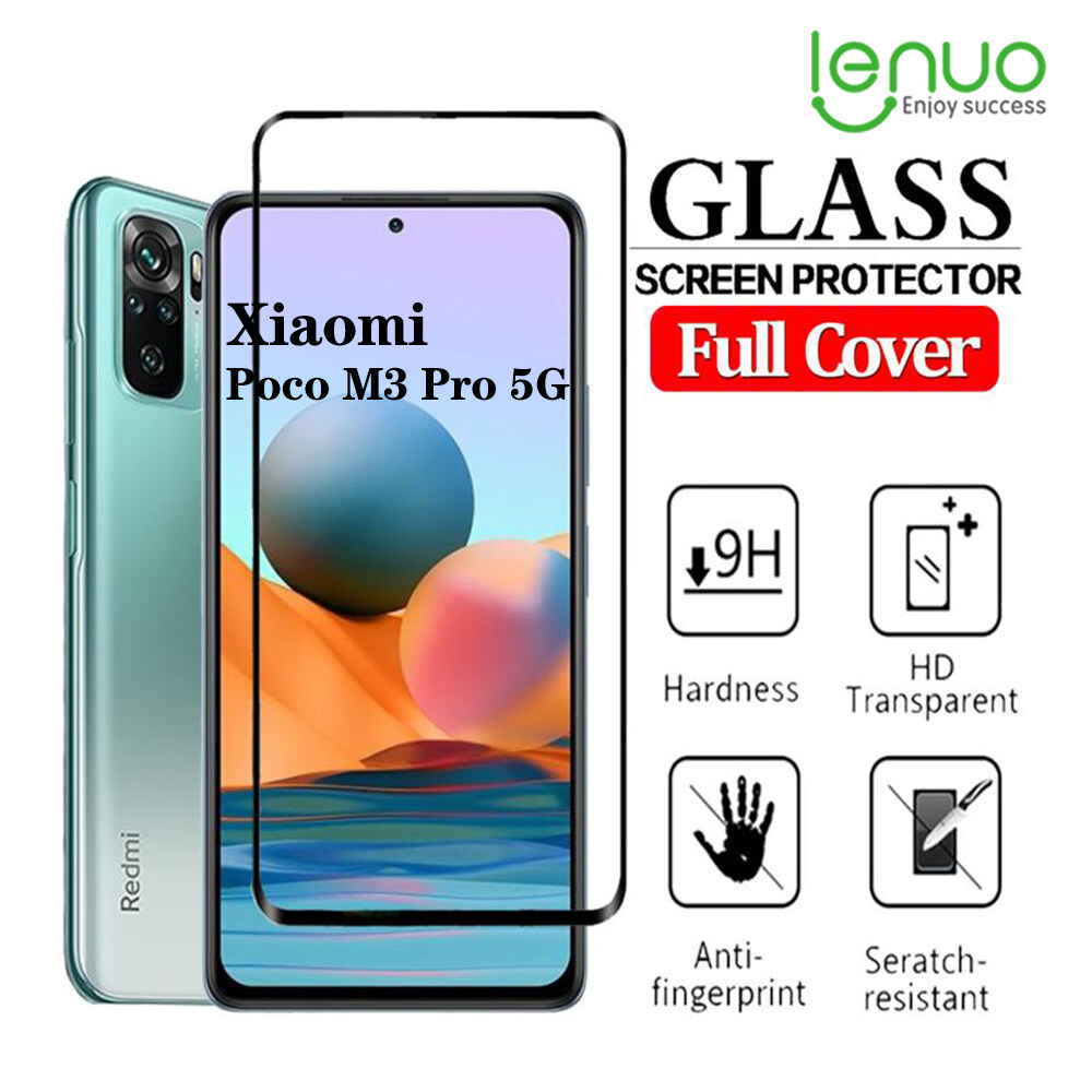 Lenuo Tempered Glass For Xiaomi Poco M3 Pro 5G Full Cover Screen Protector Anti-Explosion 9H Complete Covering Full Glue Glass Protective Film