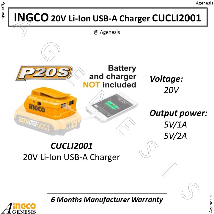 INGCO 20V Li-Ion USB -A Charger CUCLI2001