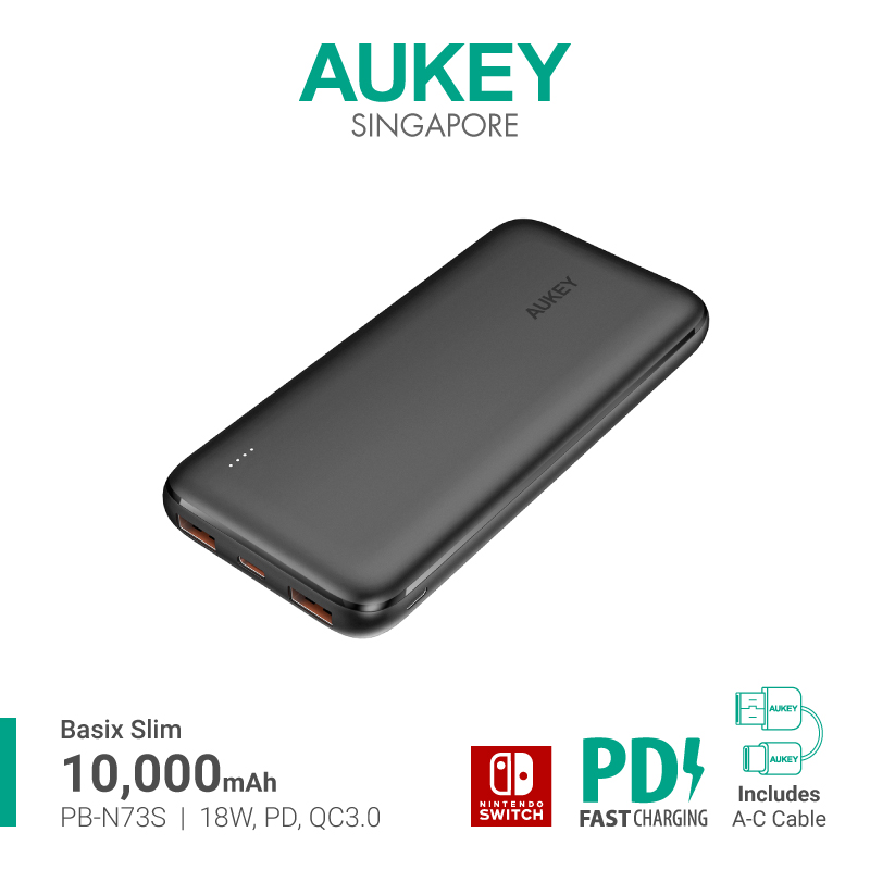 Aukey PB-N73/PB-N73S/PB-N73C Ultra Thin Portable Charger 10000mAH 3-Port USB C PD 12W / 18W Fast Charge Power Bank (18 Months Warranty)