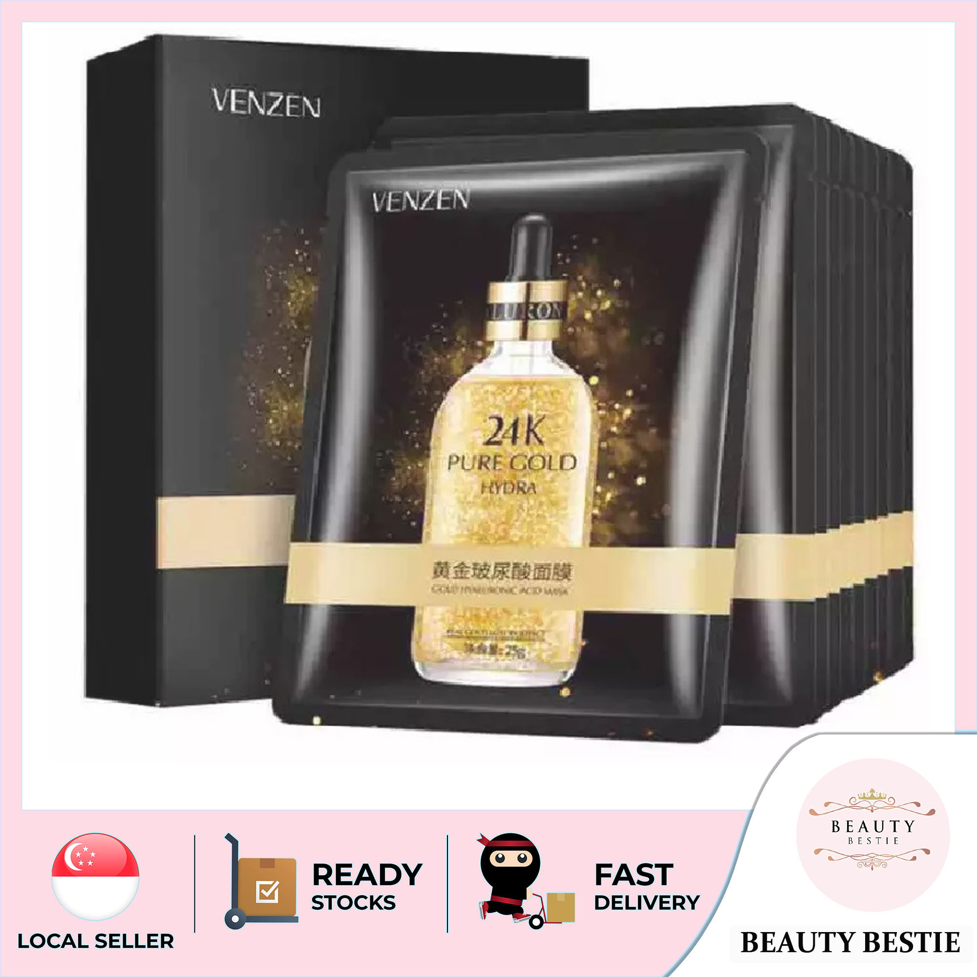 VENZEN *10 PIECES* 24K GOLD HYALURONIC ACID ESSENCE FACE MASK BOX (250ML) SG SELLER *FAST DELIVERY* FACIAL SHEET MASK PACK *MOISTURIZING & ELASTICITY* ANTI AGEING & ANTI WRINKLES *FIRMING & LIFTING* S
