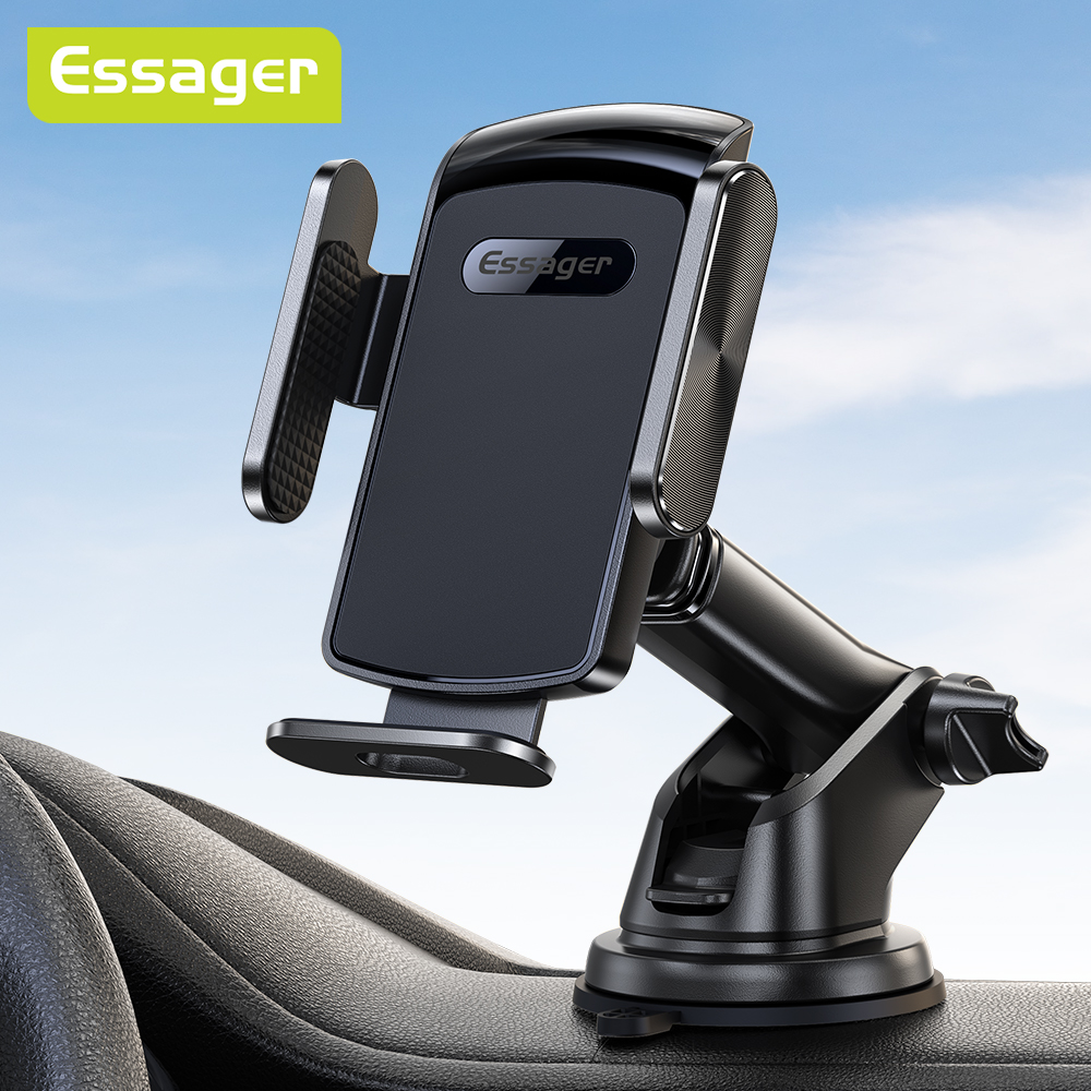 Essager Black Car Mount For Smartphones Cellphone Holder Car Windshield Dashboard Strong Suction Cup Sticky Cradle Long Arm Clamp Long Neck Phone Stand