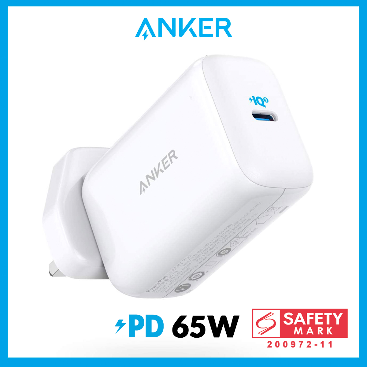 Anker PowerPort III 65W PIQ 3.0 USB C Charger (UK 3pin Plug) PPS Fast Charger, PowerPort III Pod, for iPhone 14/14 Plus/14 Pro/14 Pro Max/13/12/11/Xs/X, MacBook, Dell XPS 13, Galaxy S20 / S10, Note 10